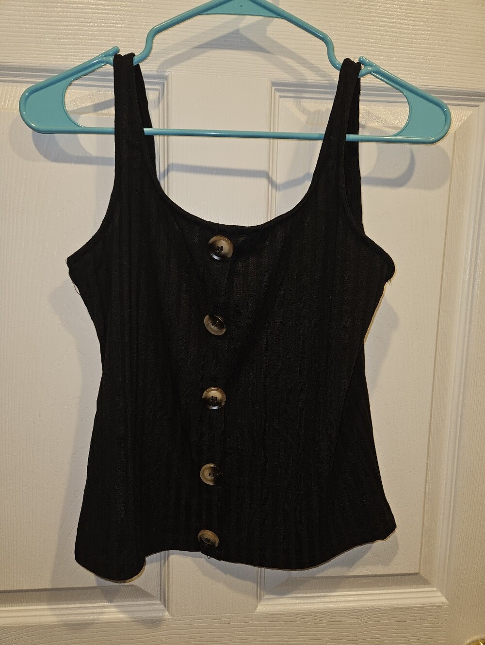 Women's Black Ribbed Tank Top With Brown Buttons SIze L